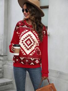 SHEIN LUNE Women Round Neck Long Sleeve Patchwork Casual Sweatshirt Pullover Fall - Burgundy - View 4