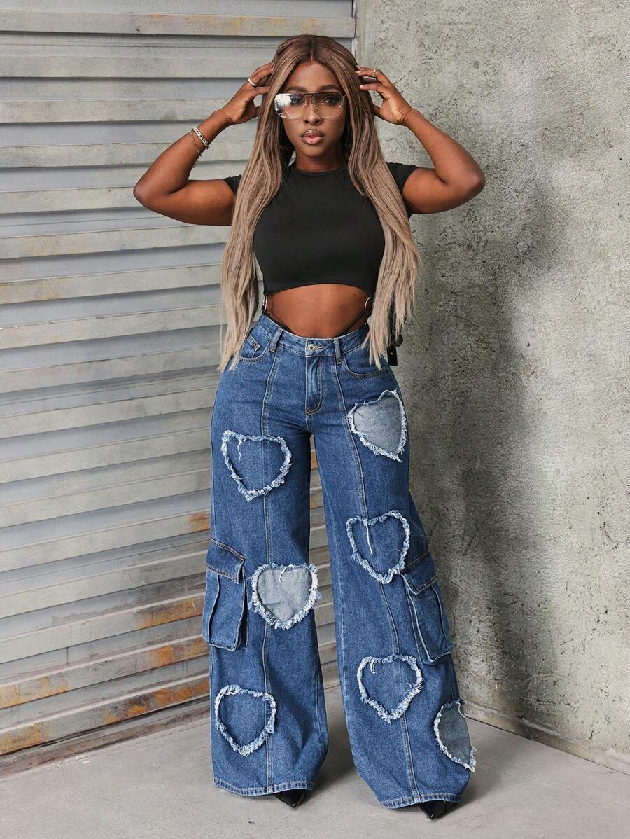 SHEIN Slayr Jeans rectos para mujer con parche en forma de corazón - Azul lavado oscuro - Ver 1