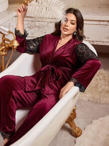 Plus Size Velvet And Lace Wrap-Around Long Sleeve Pajama Set - Burgundy - View 6