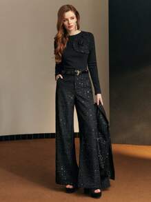 MOTF PREMIUM SEQUIN TAILORED WIDE LEG SUIT PANTS - Black - View 5