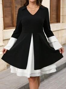SHEIN Clasi Black & White Color Block Plus Size Layered Dress, Elegant For Everyday Wear In Autumn/Winter - Black and White - View 5