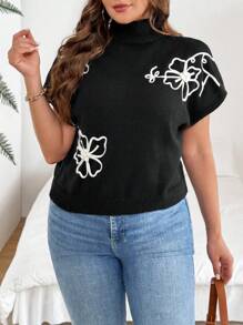 SHEIN VCAY Plus Size Floral Applique Turtleneck Elegant Short Sleeve Sweater - Black - View 5