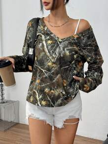 INAWLY Damen V-Ausschnitt Langarm Loose Lässig Allover Bedruckter Sweatshirt, Täglicher Pullover Herbst