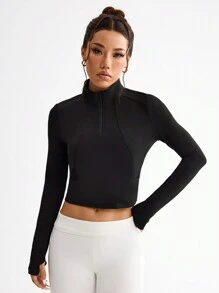 Gameset SHEIN Sport Sweatshirt Wanita Polos Sederhana untuk Olahraga Yoga, Model Crop dengan Resleting - Hitam - View 4