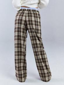 Athîral 女士格子拼接系带简约休闲格纹印花长裤，日常穿着 - 杏色 - 查看 2