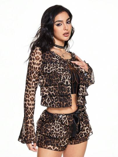 ROMWE Grunge Punk Y2K Cheetah Print Lace Trim Midriff Cropped Shorts Cardigan Set With Long Sleeve Tie Bow Tops For Women