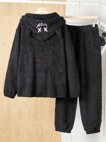 SHEIN Teen Boys 2pcs Casual Smiling Face Embroidered Pattern Hat Devil Horns Styling Clothes White English Weave Mark Double Sided Fleece Black Cardigan Jacket Pants Two Pieces Set Homecoming; Renaissance; Fall Outfits; Teen Boy Clothes; ; Airport; Cocktail Party; Autumn/Winter