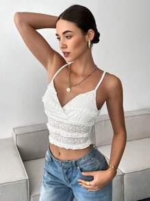 SHEIN Essnce Dames Lente Zomer Casual Nieuw Wit Effen Kleur Elegant Romantisch Kant Strik Ruffle Zoom Camisole Valentijnsdag Valentijnskleding Vakantie Crop Tops Nieuwjaar Dames Outfit