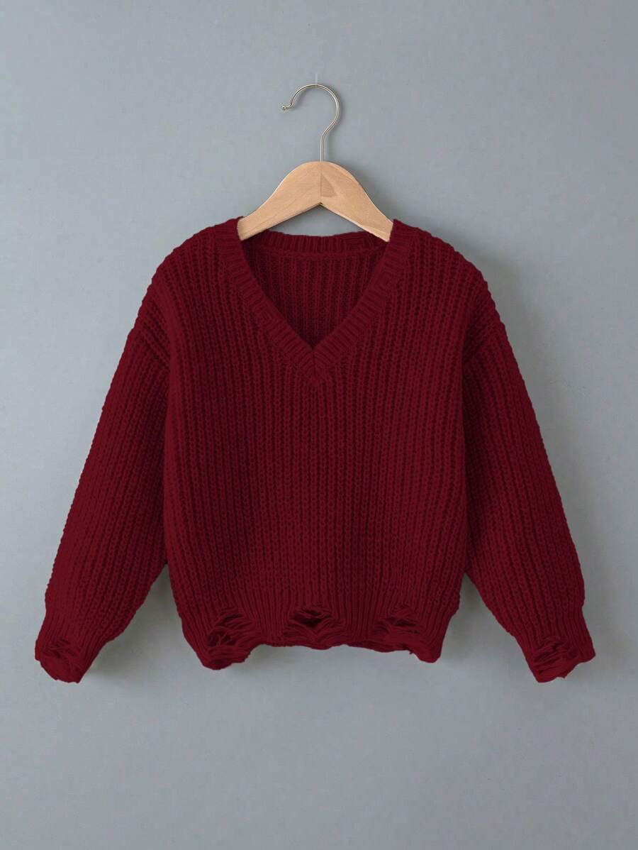 Teen Girls Casual Distressed Knit Sweater, Versatile For Autumn/Winter - Red - View 1