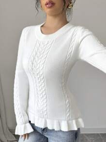 Chiquease 女士荷叶边麻花针织长袖毛衣，适合秋冬季节穿着