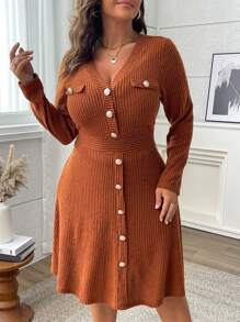 Vionelle Women Plus Size Button Design Long Sleeve V-Neck A-Line Dress Fall Cloth For Women - Brown - View 6
