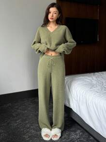 DAZY 蓬松 V 领休闲两件套家居服套装，冬季睡衣