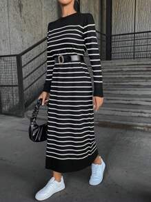 Cloudara Striped Pattern Sweater Dress - Black and White - View 4