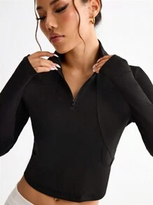 Gameset SHEIN Sport Sweatshirt Wanita Polos Sederhana untuk Olahraga Yoga, Model Crop dengan Resleting - Hitam - View 7