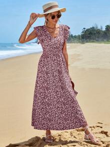 RueChic Ditsy Floral Print Butterfly Sleeve A-line Dress - Đỏ - Xem 3