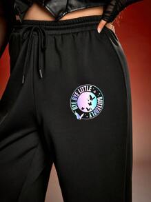 Miraculous Ladybug X SHEIN Pantalones versátiles de talla grande con cintura con cordón, estampado de mariposa y efecto tie-dye en color negro