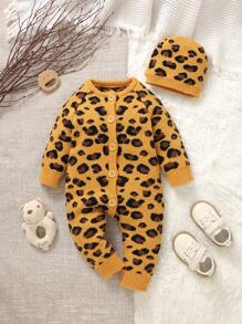 女婴豹纹长袖圆领按扣连体裤，秋冬 - 黃色 - 查看 3