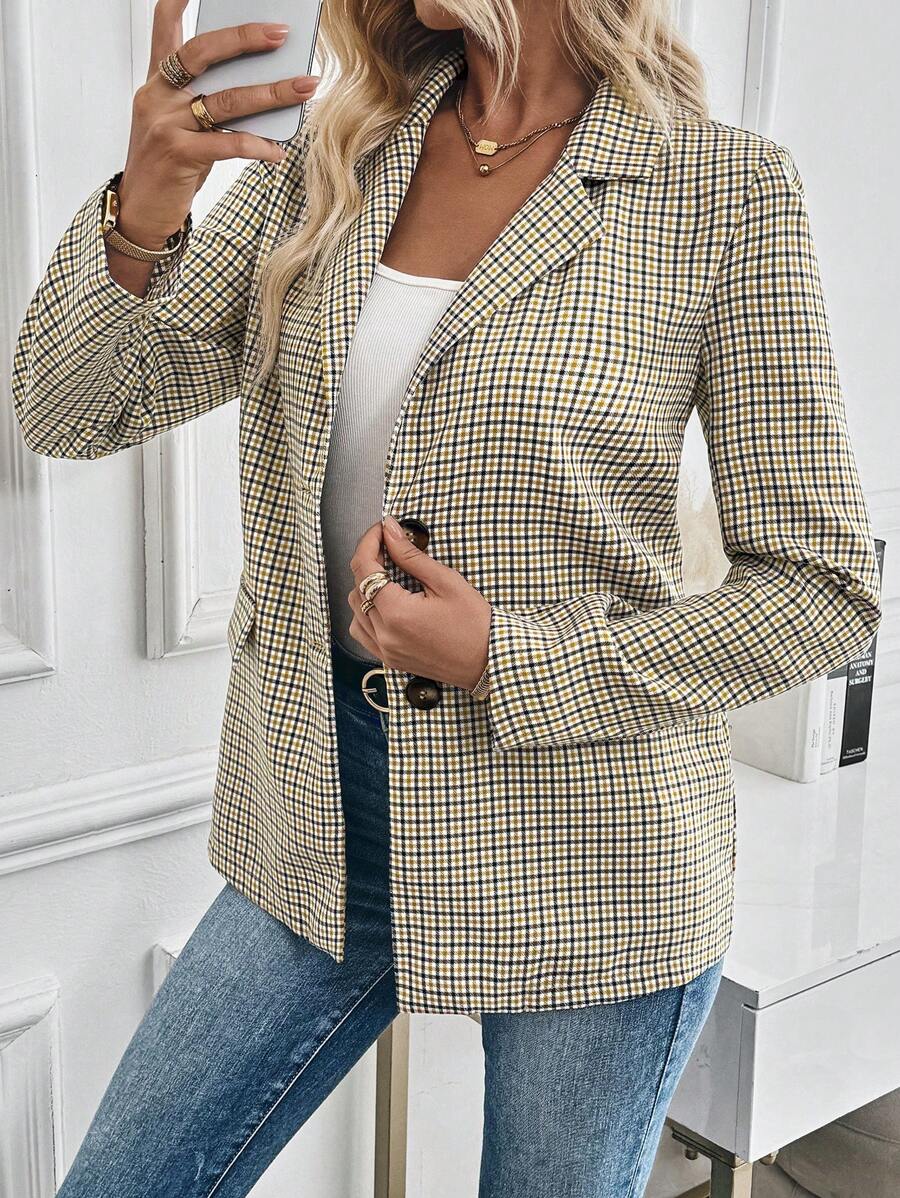 SHEIN BIZwear 女式前扣长袖缺口领格子简约夹克，休闲日常穿着 - 黃色 - 查看 1