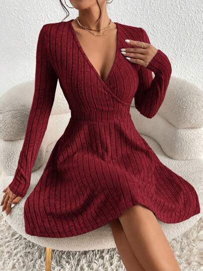 SHEIN Frenchy Solid Color Deep V-Neck Crossed Wrap Ribbed Long Sleeve Dress New Years Women Outfit Winter Christmas Red