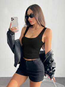 SHEIN PETITE Casual All-Match White Cami Top With Deep U-Neck And Racerback - Black - View 7