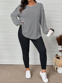 SHEIN LUNE 2 件套黑白罗纹纹理上衣和罗纹紧身裤，舒适百搭大码新年女装冬装女装狂欢装感恩节装女装新年女装冬季外套女装冬装女装运动服女装冬季套装度假两件套新年运动裤