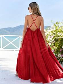 SHEIN VCAY Women Solid Color Pleated Casual Vacation Sleeveless Jumpsuit Dress - Red - View 2