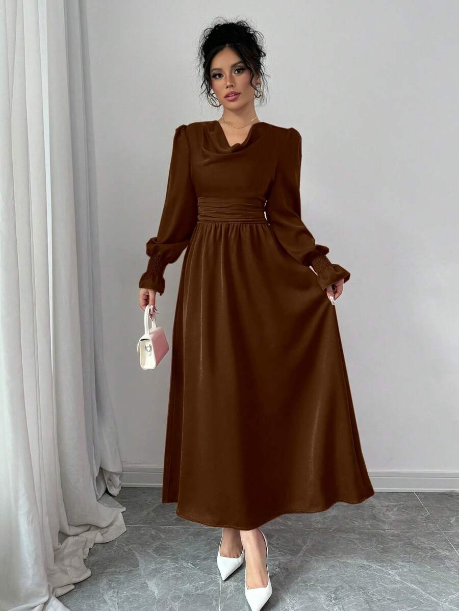Elenzga 垂坠领口收腰长裙，纯色简约休闲日常风格长款缎面女装 - 棕色 - 查看 1