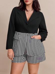 SHEIN Clasi Plus Size Herringbone Pattern Blazer & Matching Shorts Set, Autumn/Winter