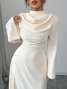 Elenzga Women's Stand Collar Pleated Long Sleeve Solid Color Mid-Length Dress Maxi Women Outfit