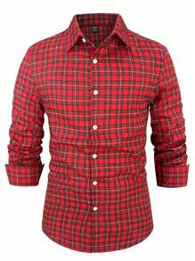 Manfinity Homme Áo sơ mi nam dài tay họa tiết kẻ sọc nhiều màu sắc thường ngày, mùa thu, áo sơ mi giáng sinh, áo sơ mi giáng sinh kẻ sọc đỏ, đi làm, chồng, kinh doanh - Đỏ - Xem 1