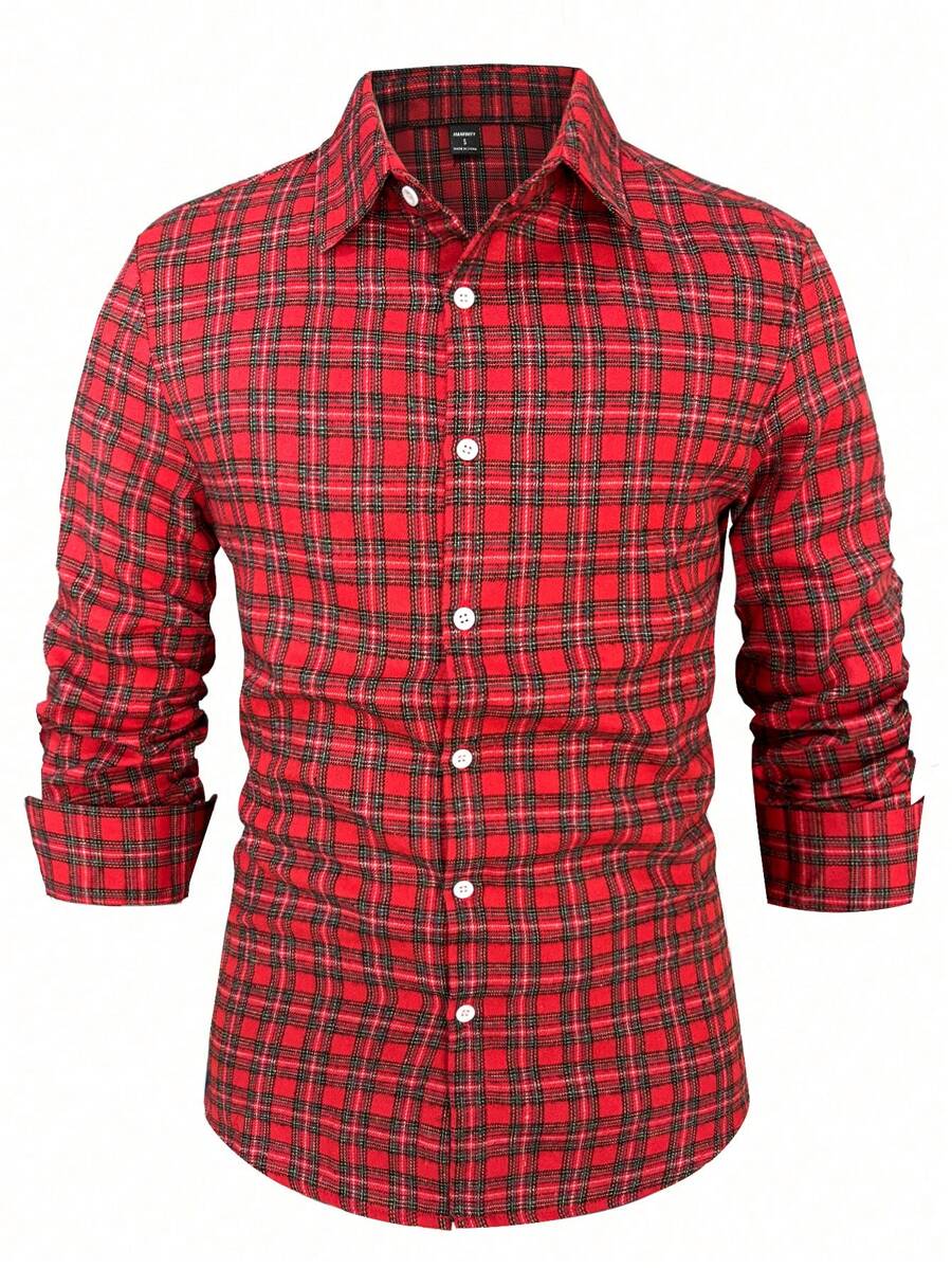 Manfinity Homme Áo sơ mi nam dài tay họa tiết kẻ sọc nhiều màu sắc thường ngày, mùa thu, áo sơ mi giáng sinh, áo sơ mi giáng sinh kẻ sọc đỏ, đi làm, chồng, kinh doanh - Đỏ - Xem 1