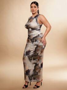 SHEIN BAE 1 Set Plus Size Women Elegant Sleeveless Printed Tank Top And Printed Long Skirt Two-Piece Set, Minimalist Design, Tight Fit, Suitable For Christmas, Fall Season Valentine's Day For Summer