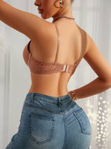 1pc Women Solid Color Lace Patchwork Minimalist Casual Underwear Bra (With Underwire) - Mocha Brown - View 2