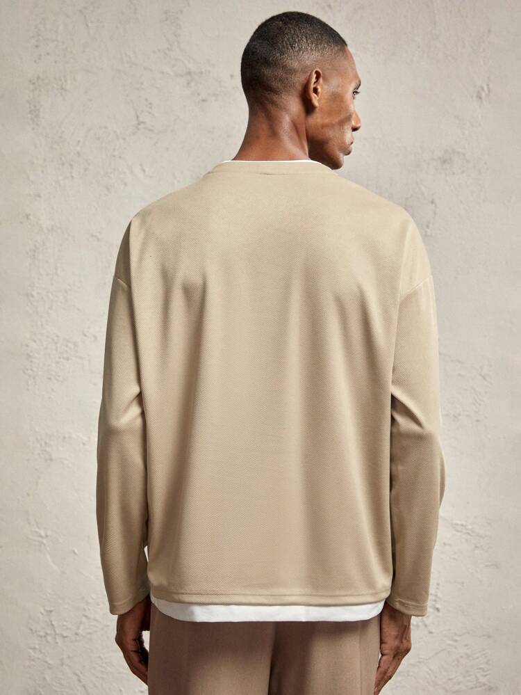 Men's Oversized Drop Shoulder Long Sleeve Casual Knit T-Shirt, Suitable For Autumn