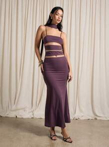 Cut Out Maxi Dress With Neck Tie Evening Gown Floor Length Form Fitting Bodycon Sleeveless Special Occasion Party Style Elegant Column Dress - Brown - View 6