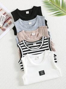 SHEIN 买 1 送 4，年轻男孩 5 件套舒适字母拼接休闲背心，适合户外活动、学校、居家休闲和专业运动