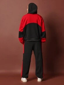 SUMWON Conjunto de 2 piezas con sudadera con capucha de ajuste regular con bloques de color y estampado gráfico y pantalón de chándal de ajuste recto con panel en la rodilla