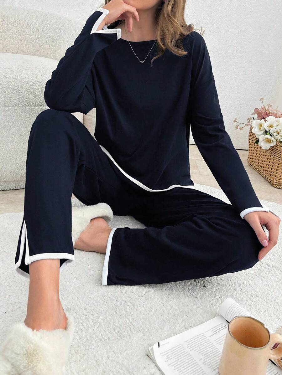 EURMUSE 2pcs Cotton Contrast Colour Piping With Slit Detail Homewear Set - Navy Blue - View 1