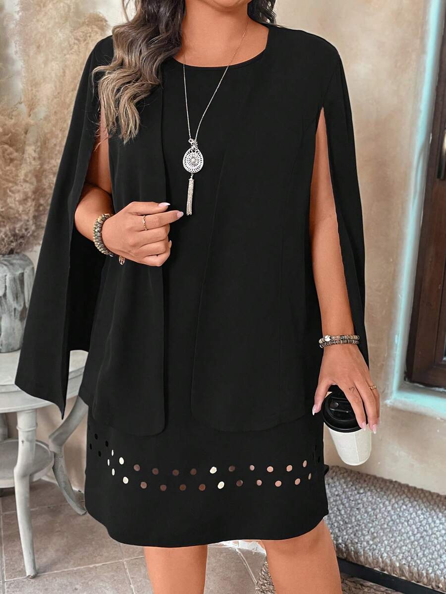 Plus Size Solid Color Round Neck Casual Suit, Everyday Wear - Black - View 1