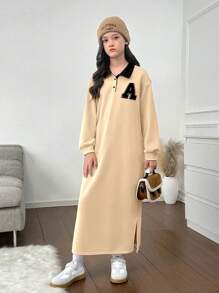 SHEIN Tween Girls' Casual Solid Color Apricot Oversized Hoodie Dress With Contrast Color Collar And Graphic Letter Decoration, Fashion For Autumn/Winter Outings And Home Wear