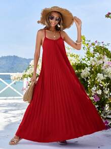SHEIN VCAY Women Solid Color Pleated Casual Vacation Sleeveless Jumpsuit Dress - Red - View 1