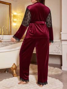 Plus Size Velvet And Lace Wrap-Around Long Sleeve Pajama Set - Burgundy - View 2