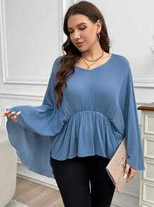 SHEIN LUNE Plus Size Exaggerated Ruffle Sleeve Cinched Waist Concealing Top Blouse Thanksgiving Women New Years