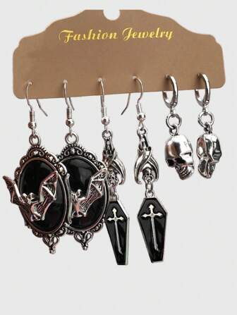 Goth 6pcs Bat & Cross Design Earring Set (Excluding Card Display)