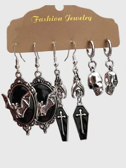 Goth 6pcs Bat & Cross Design Earring Set (Excluding Card Display)