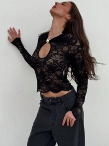 Aloruh 女士镂空长袖蕾丝上衣，性感又时尚 - 黑色 - 查看 3