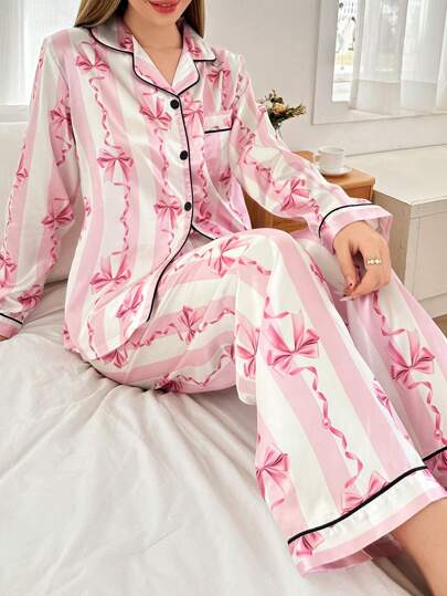 Dream Adore Ribbon Bow Print Faux Zijden Lapel Pajama Set Fall Clothes Cozy Elegante