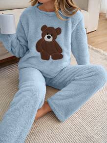 RueChic 2pcs Plush Bear Embroidery Detail Homewear PJ Set - Baby Blue - View 3