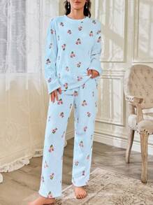 CottageSlumber Floral Print Plush Hooded Top And Long Pants Women Pajama Set - Baby Blue - View 3