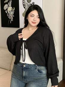 Dazy Plus Plus Size V-Neck Solid Color Cut-Off Lace-Up Long Sleeve T-Shirt, Spring/Summer,Fall Clothes